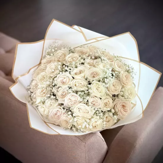 36 white roses bouquet with gypsophila – luxury flowers by Florans Edmonton