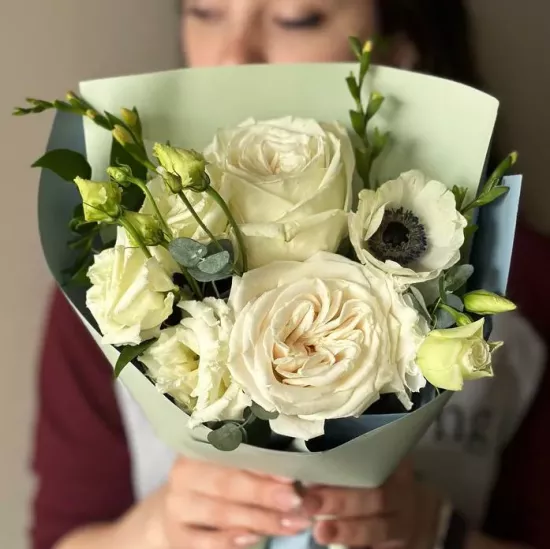 White and green bouquet – roses, lisianthus, and anemones by Florans Edmonton